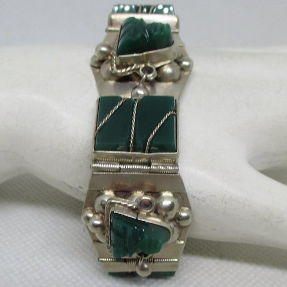 MEXICAN SILVER Green Onyx Tribal Masks Bracelet Gemstone Rectangles Sectional - Picture 2 of 12